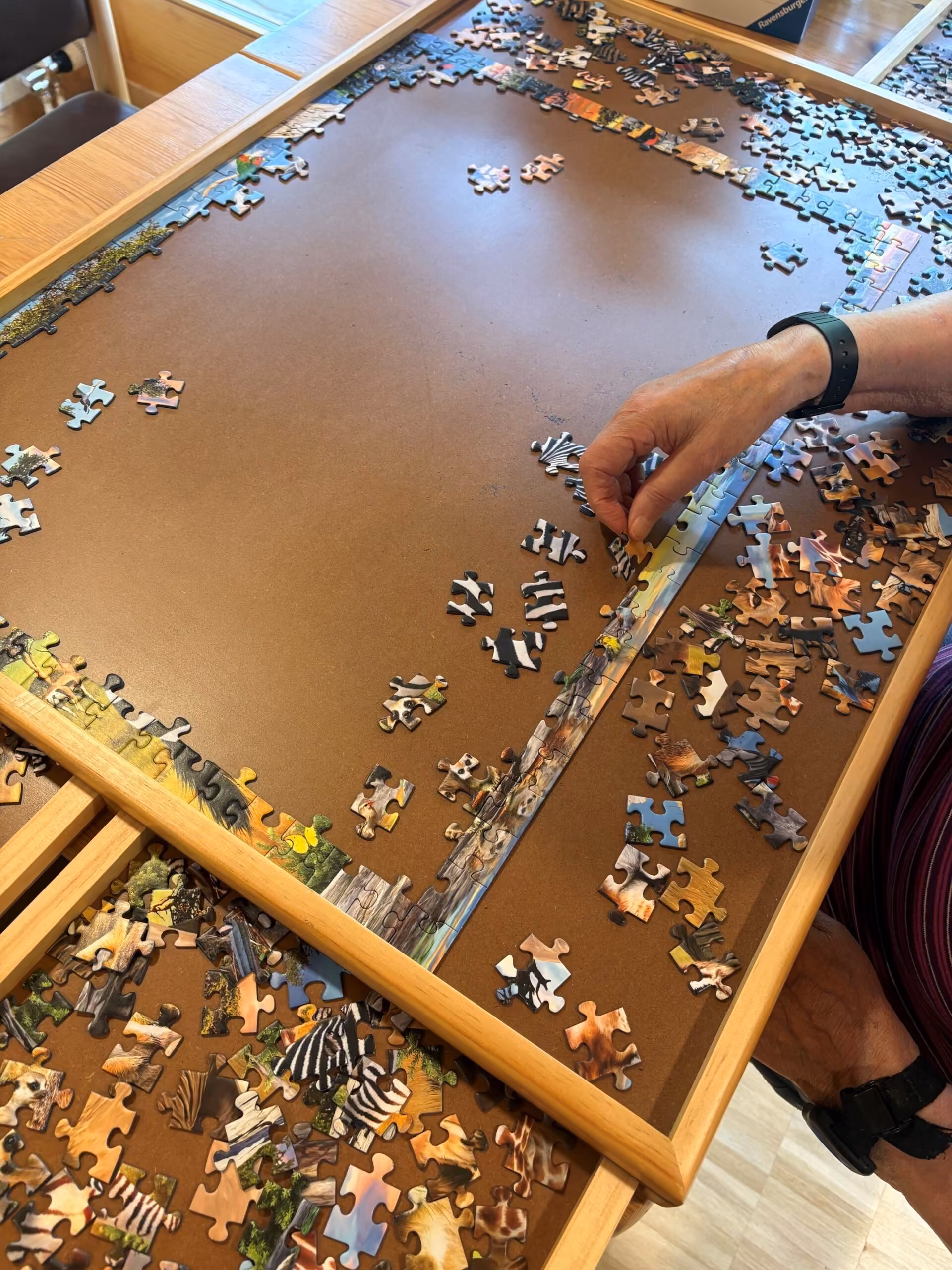 Person legt Puzzleteil auf braune Puzzlefläche; viele bunte Puzzleteile verstreut im Holzrahmen.