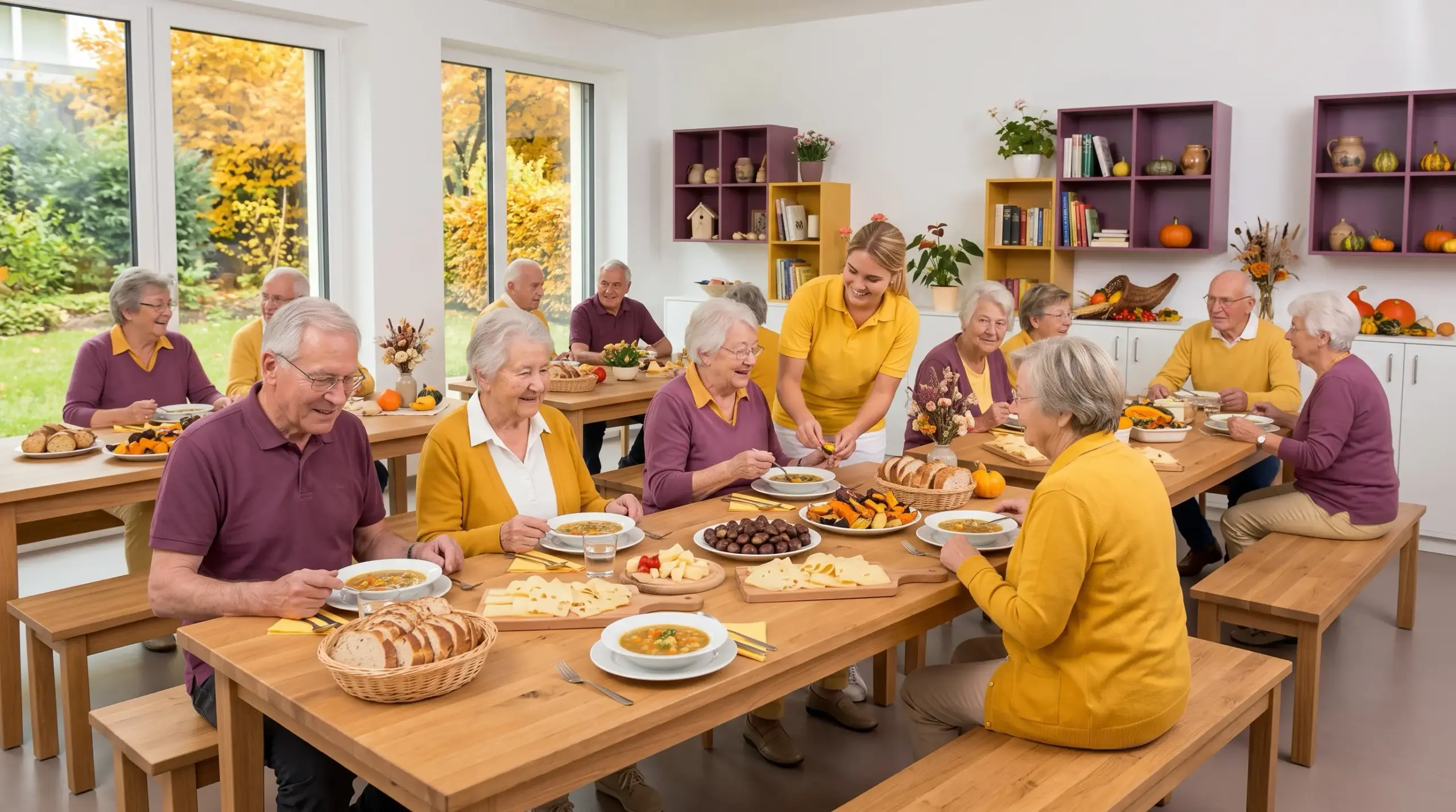 Seniorinnen und Senioren genießen Herbstessen in einem Gemeinschaftsraum; eine Helferin in Gelb serviert Suppe.