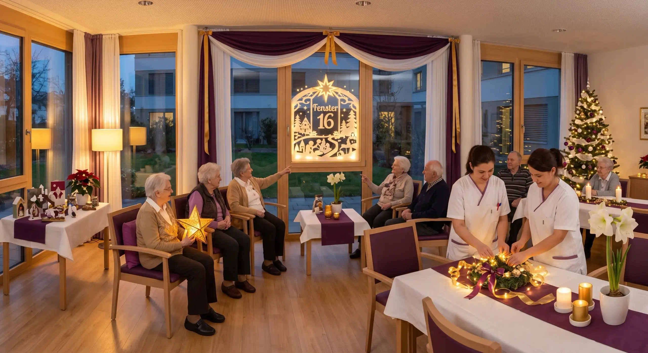 Weihnachtsfeier im Pflegeheim: Senioren sitzen an Tischen, zwei Pflegekräfte helfen, festlich geschmückt mit Baum und Kerzen.
