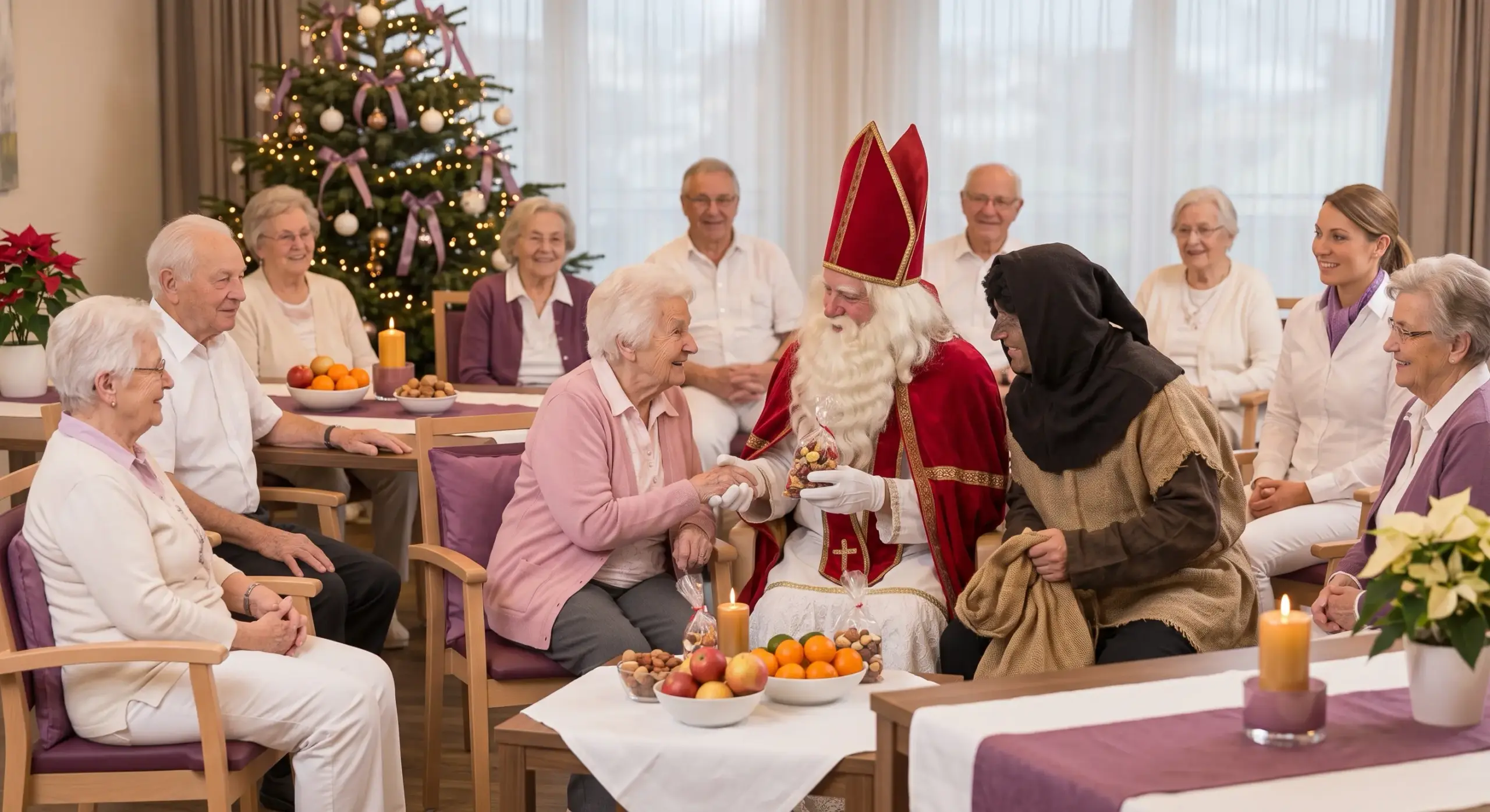 Festlich geschmücktes Altenheim: Senioren empfangen Nikolaus, Krampus, Weihnachtsbaum, Kerzen, Obst- und Nussplatten.