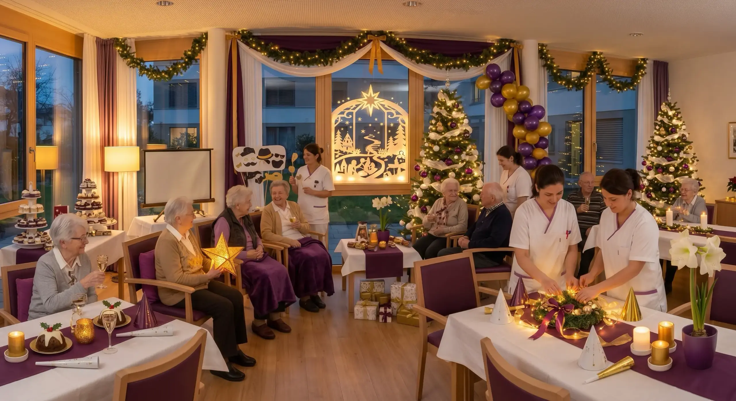 Weihnachtsfeier im Seniorenheim: festlich dekorierte Tische, Senioren mit Mitarbeitern, festliche Bäume, Lichter und Geschenke.