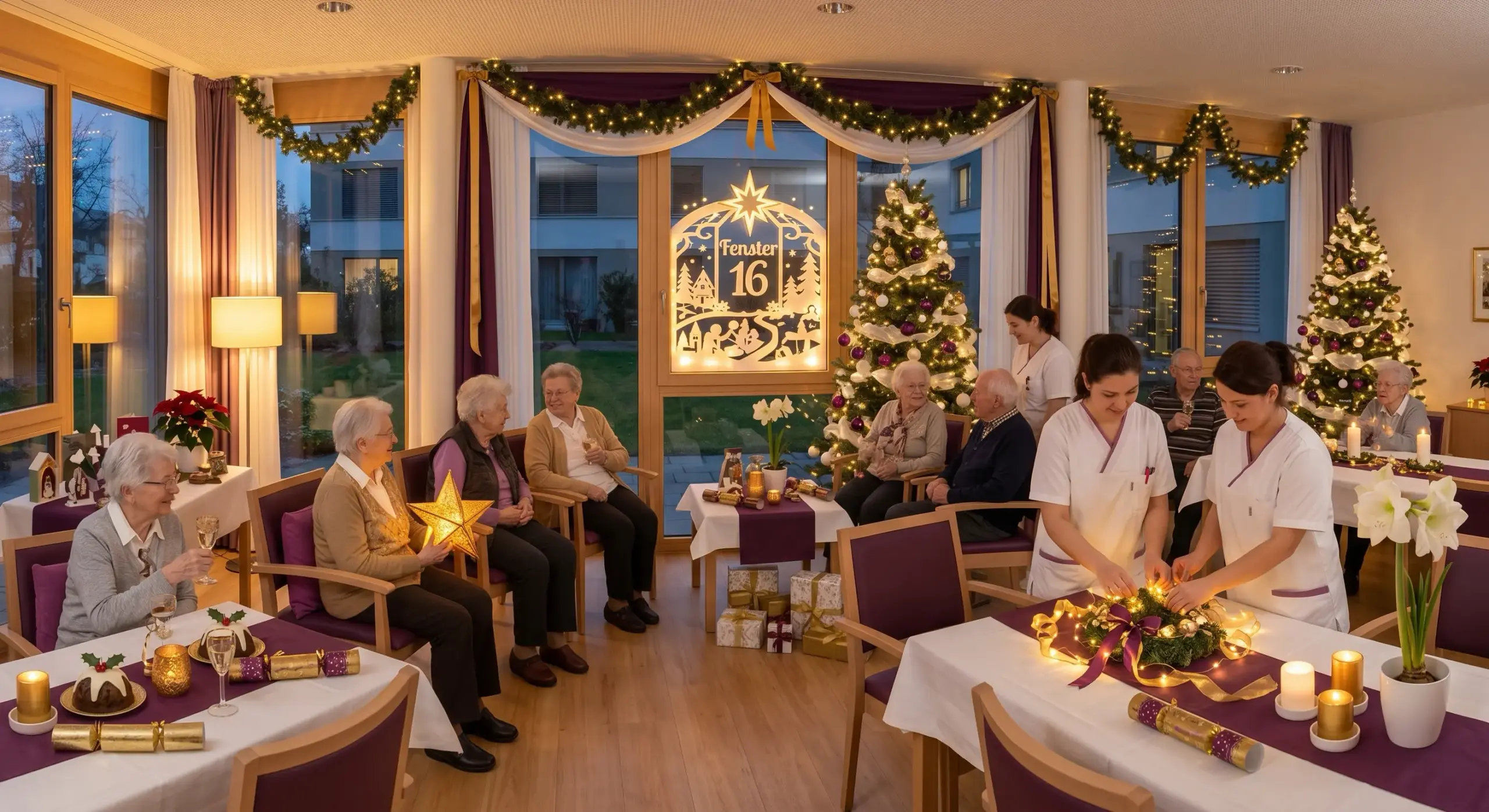 Festlich geschmücktes Seniorenheim: Ältere Gäste genießen Adventsfeier mit Weihnachtsbaum, Lichtern und Pflegepersonal.
